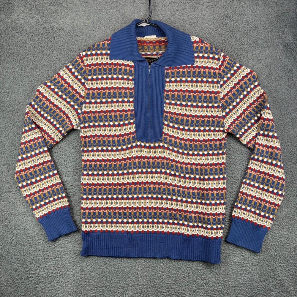 Vintage Men's 100% Acrylic Fair Isle 1/4 Zip Sweater Blue Red Pattern Size L